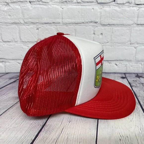 Vintage Hat Cap Snapback Red White Ontario Canada Trucker Mesh Shield Taiwan - Picture 4 of 11